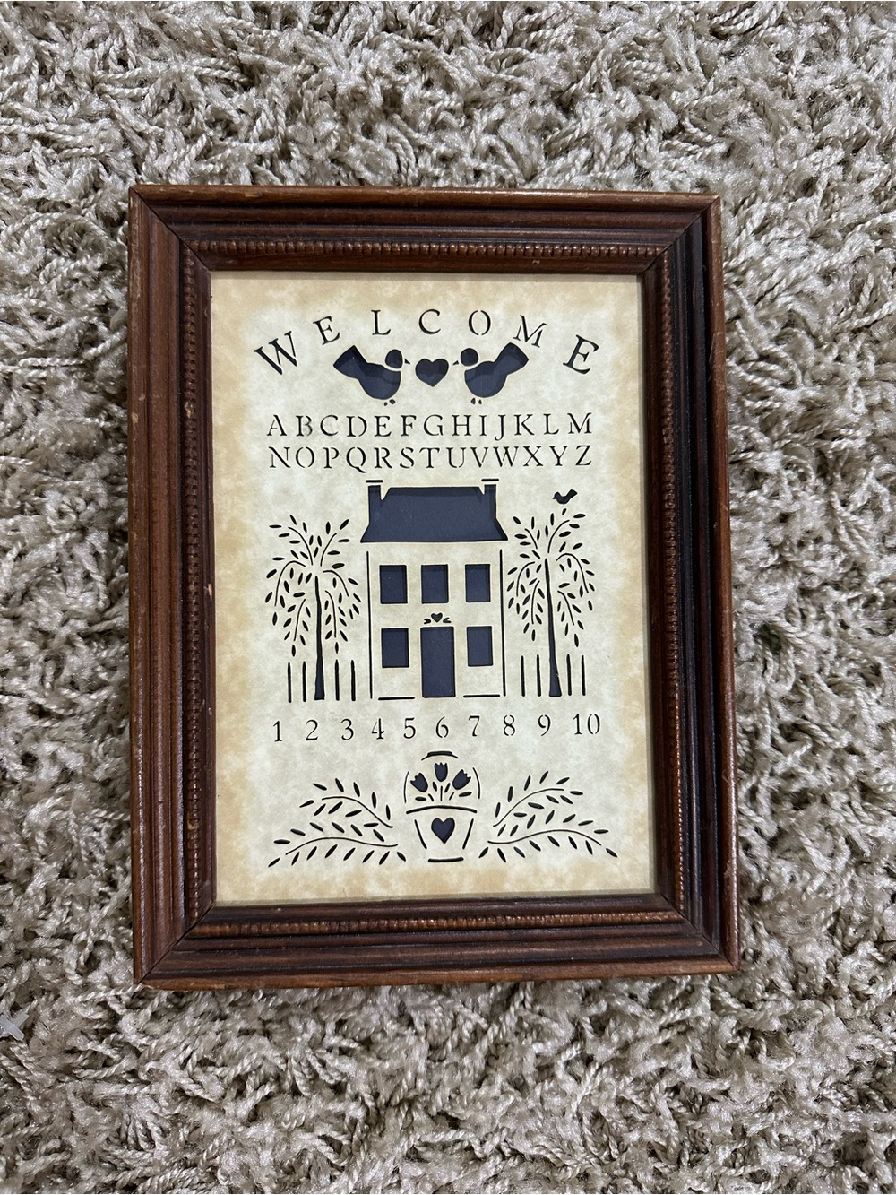 Framed 'Welcome' Wall Art in Brown Frame with Cream Print